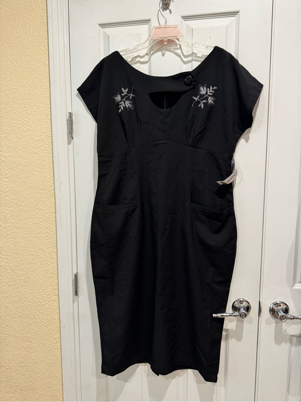 Tatyana Black Midi Dress with Silver Floral Embroidery